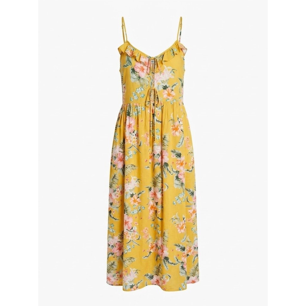 O'Neill Midi Dress Womens Medium Yellow Floral Boho Coastal Beach Resort Chic